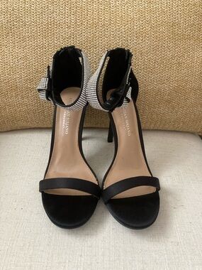 Christian Siriano Black Satin Ankle-Strap High Heel Sandals with Crystal Detail
